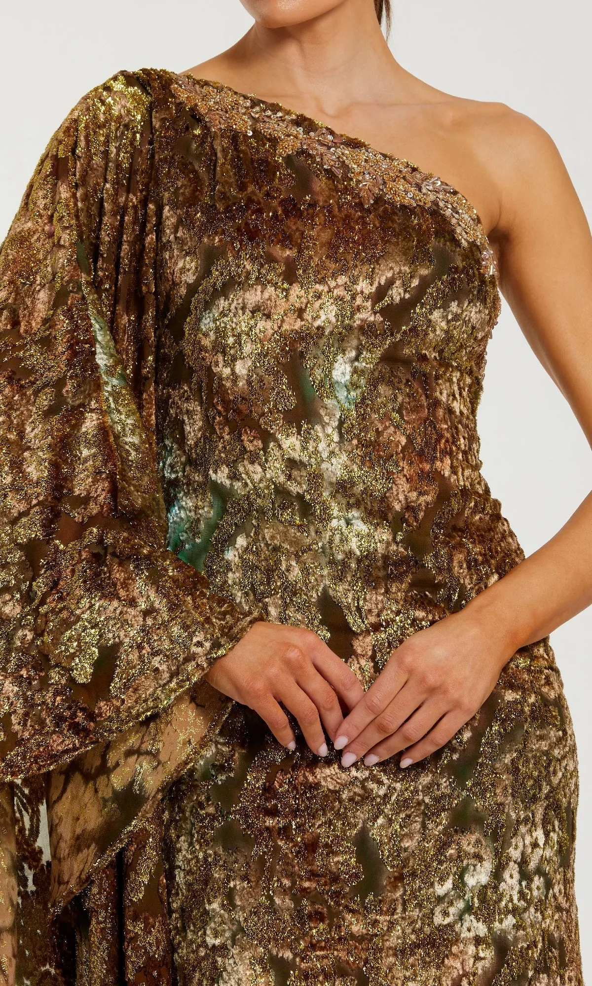 One-Shoulder Gold Formal Gown: Mac Duggal 68981 sold by PromGirl product image thumbnail 3