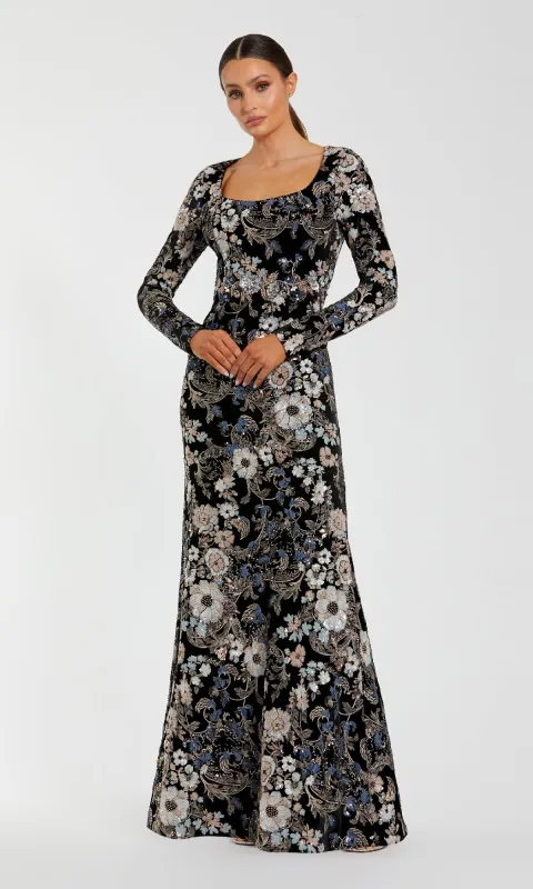 Black Velvet Print Formal Gown: Mac Duggal 68978 sold by PromGirl