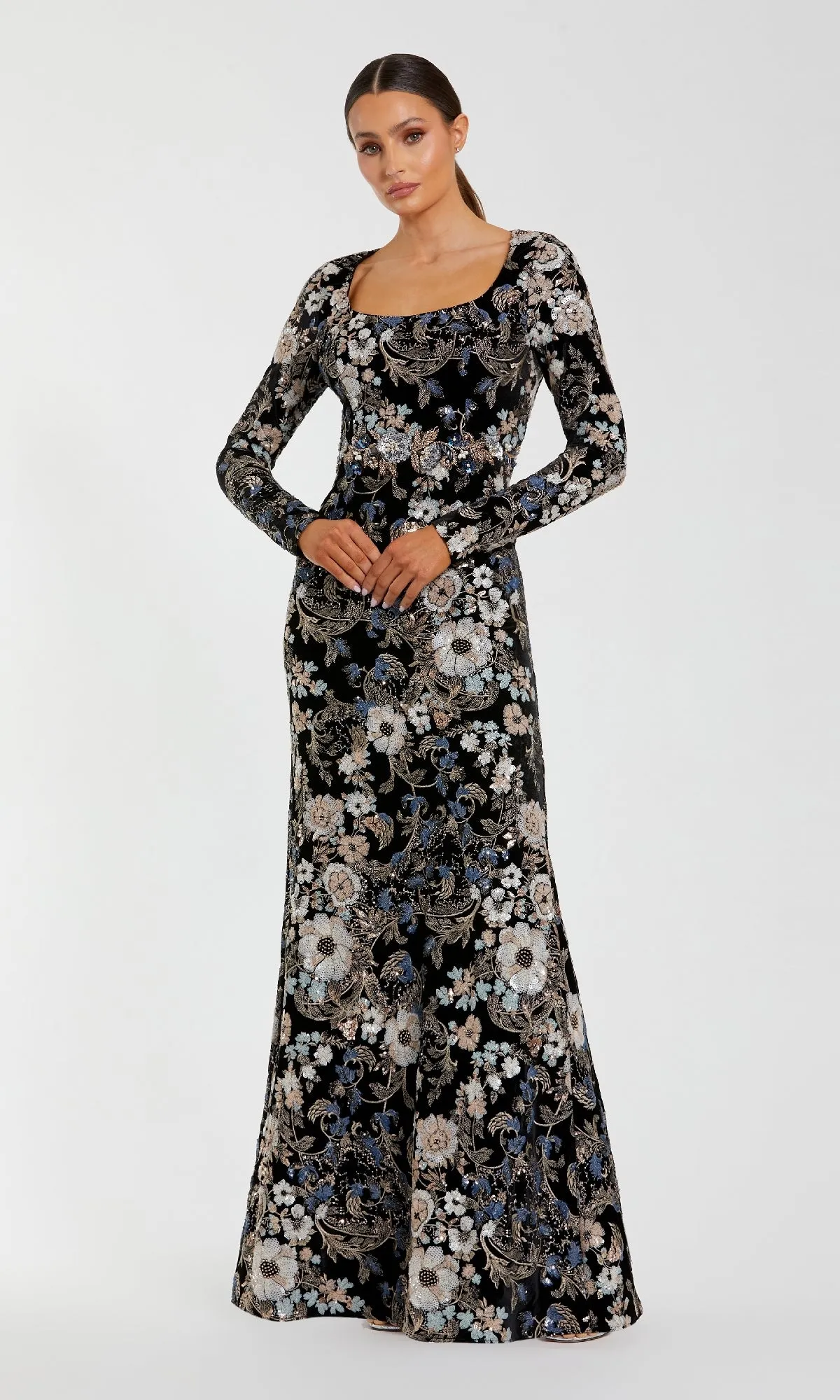 Black Velvet Print Formal Gown: Mac Duggal 68978 sold by PromGirl
