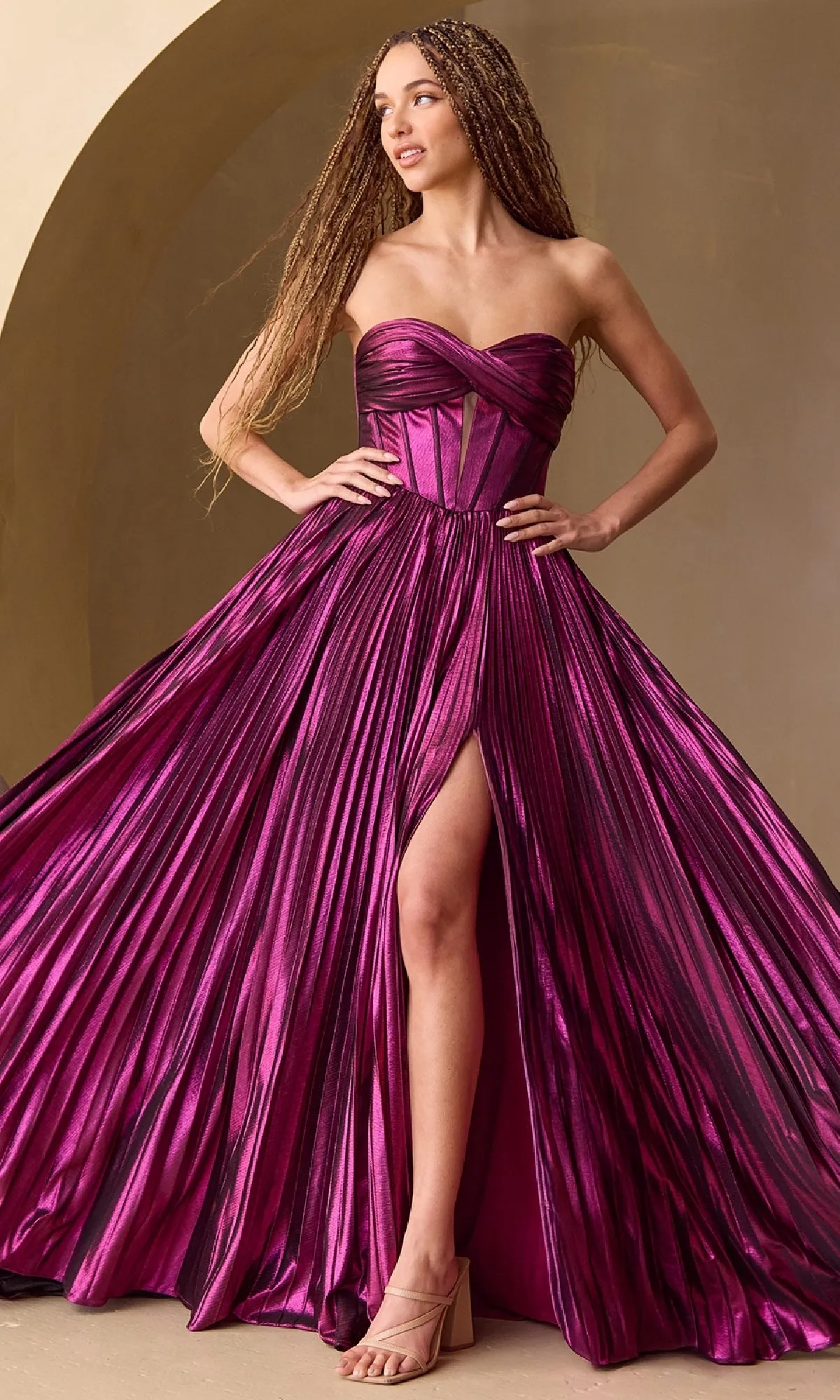 Strapless Pleated Metallic Prom Gown: Amelia 2058 sold by PromGirl