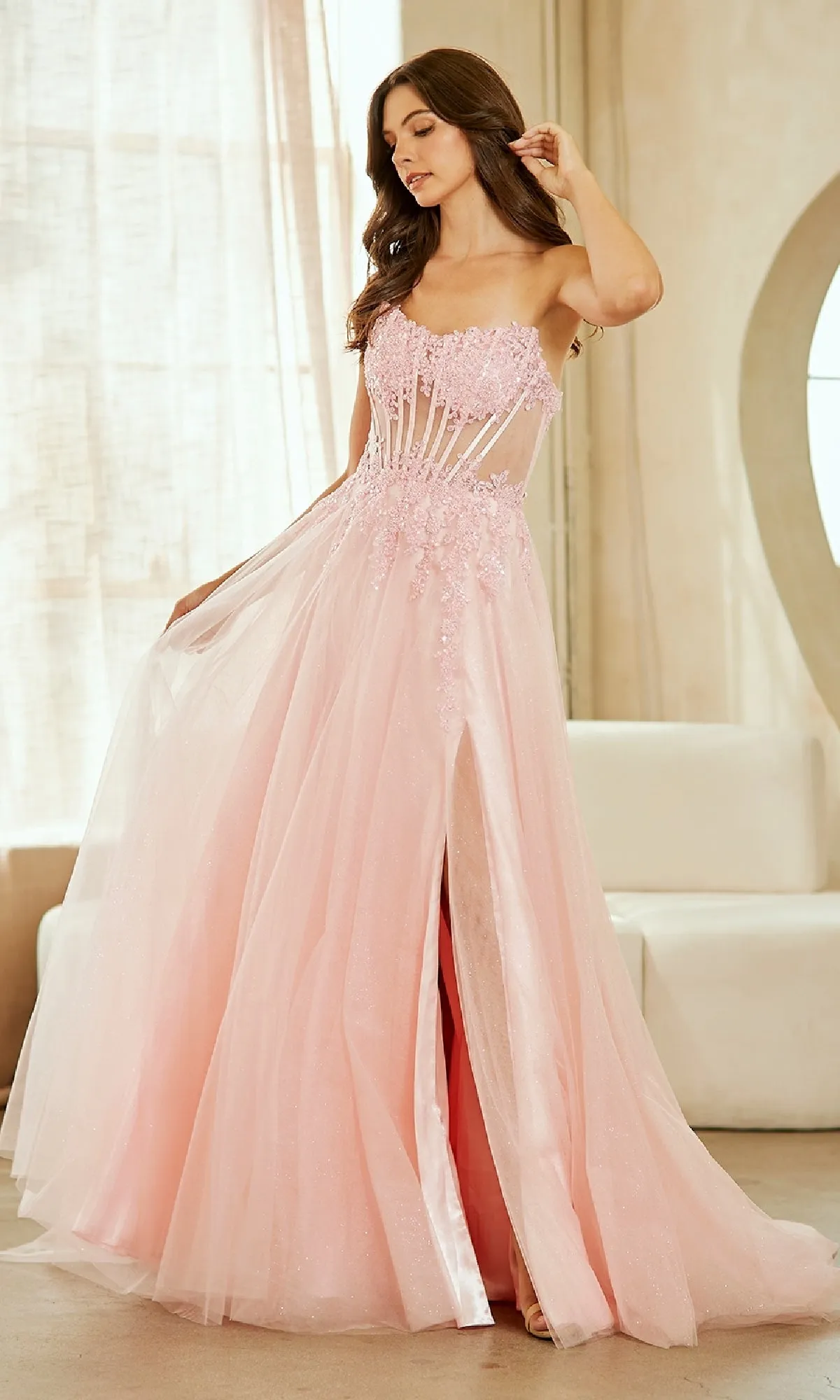 Strapless Glitter Prom Gown: Amelia Couture 9078 sold by PromGirl