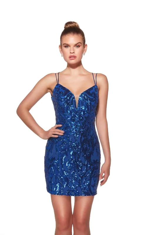 Lace-Up-Back Short Sequin Hoco Dress: Alyce 40008 sold by PromGirl