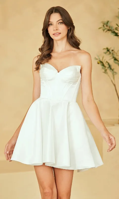 Short Strapless White Dress: Amelia Couture 5082S sold by PromGirl
