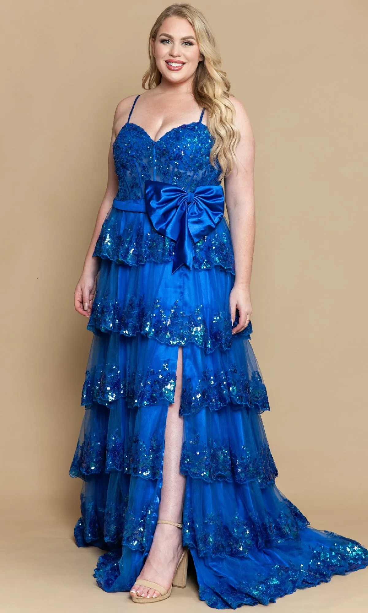 Plus-Size Tiered Prom Dress with Bow: PolyUSA W1162 sold by PromGirl product image thumbnail 3