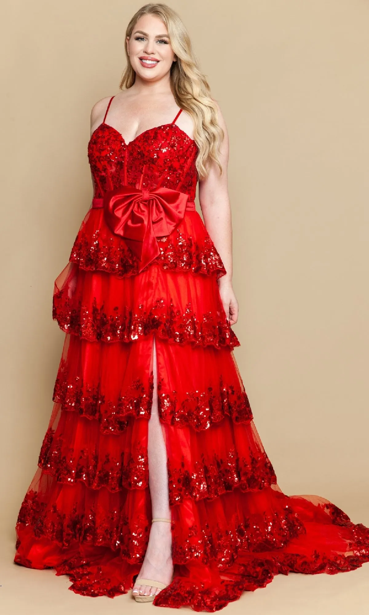 Plus-Size Tiered Prom Dress with Bow: PolyUSA W1162 sold by PromGirl product image thumbnail 4