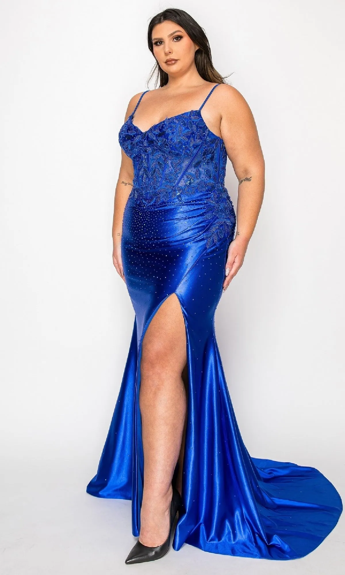 Plus-Size Long Satin Prom Dress: Poly USA 9734 sold by PromGirl