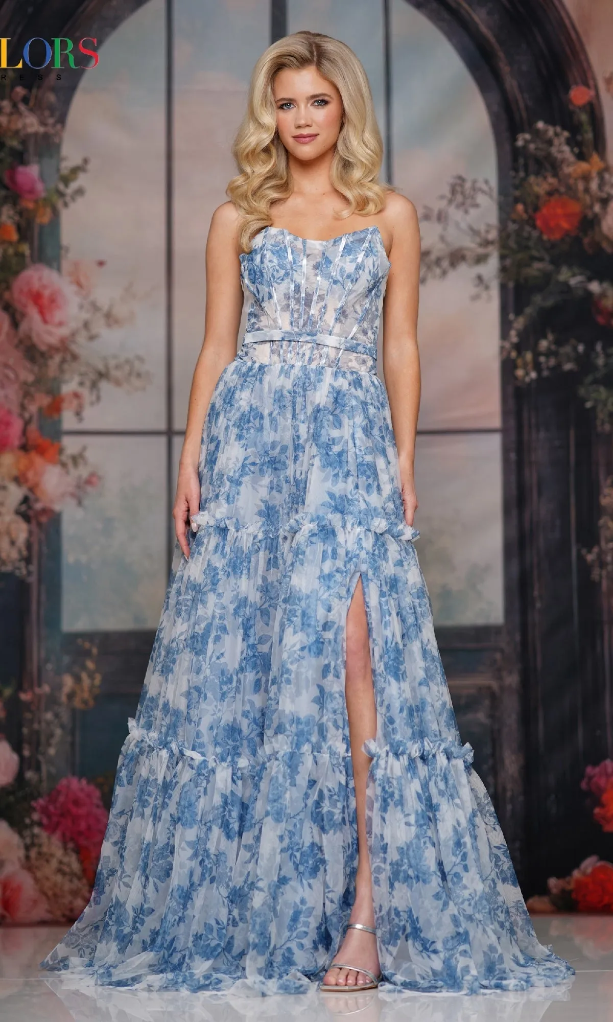 Strapless Long Print Prom Dress: Colors Dress 3810 sold by PromGirl