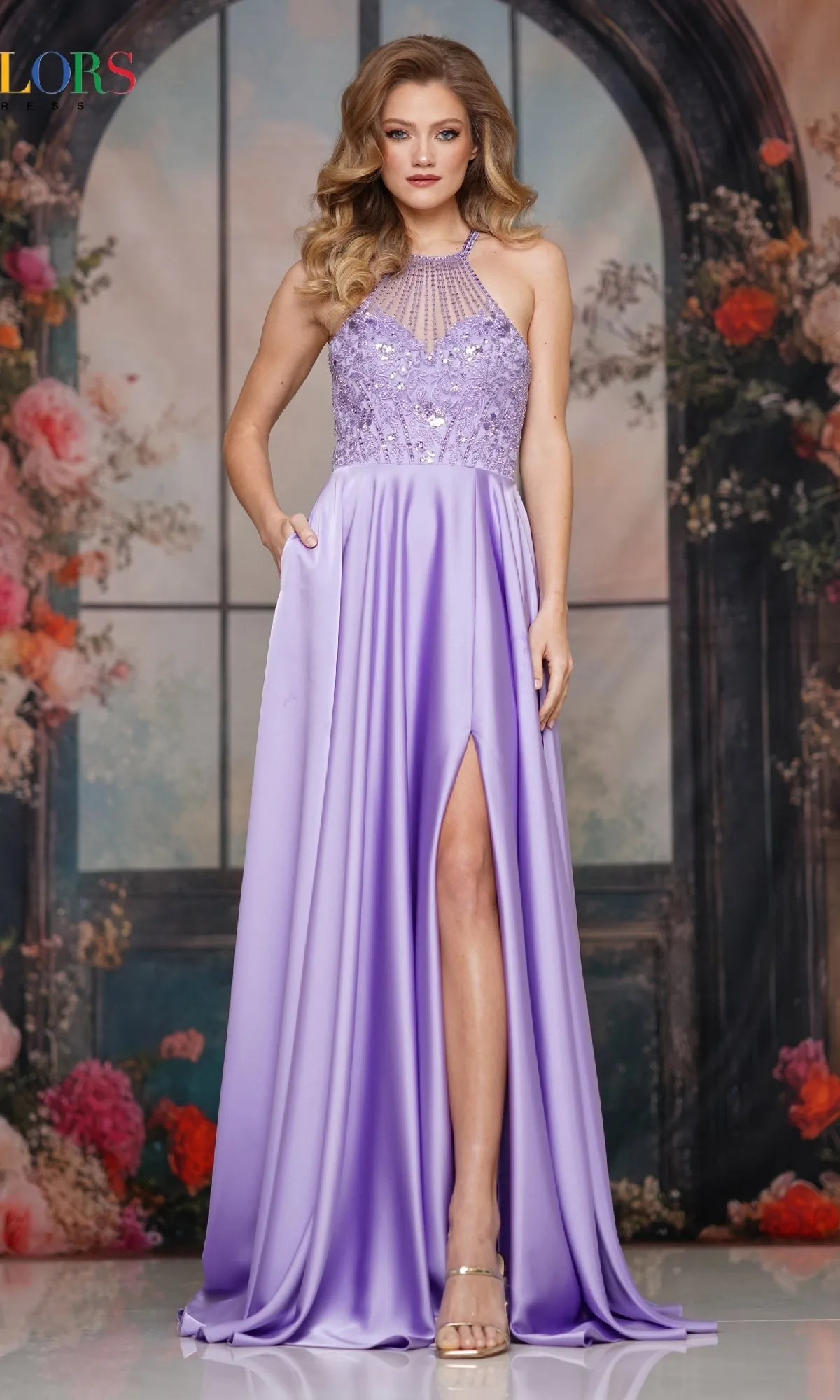 High-Neck Halter Prom Gown: Colors Dress 3822 sold by PromGirl product image thumbnail 3