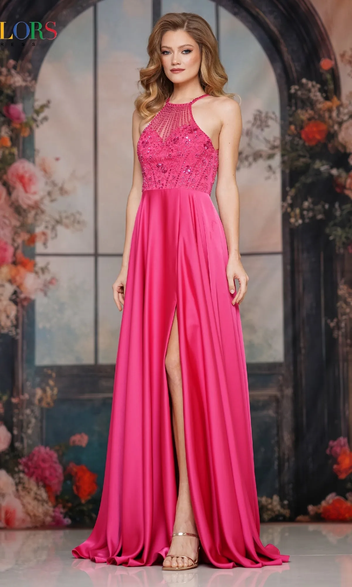 High-Neck Halter Prom Gown: Colors Dress 3822 sold by PromGirl