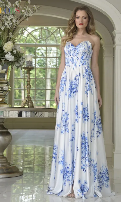 Strapless Blue Print Prom Dress: Colors Dress 3857 sold by PromGirl