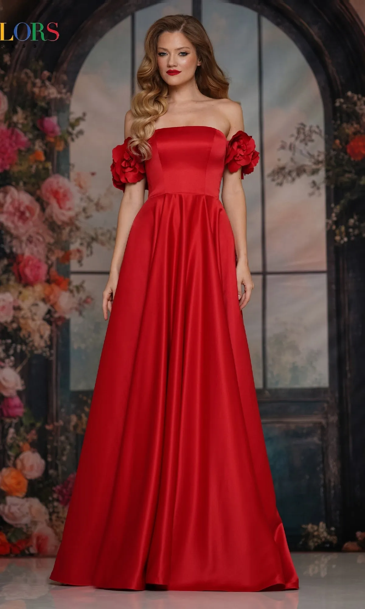 Off-Shoulder Satin Prom Gown: Colors Dress 3744 sold by PromGirl