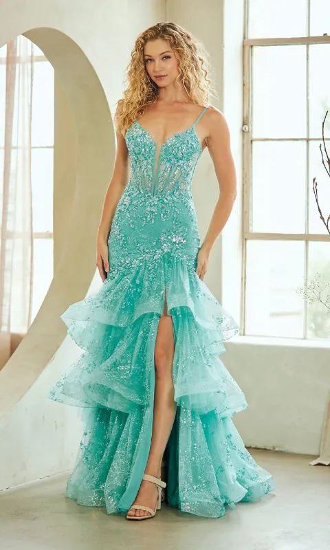 Long Lace Ruffled Prom Dress: Amelia Couture 8062 sold by PromGirl