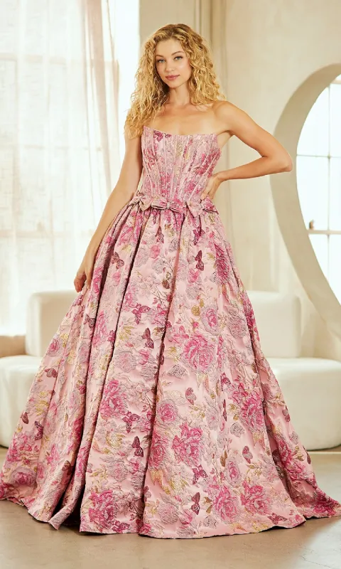 Lace-Up Print Prom Ball Gown: Amelia Couture 8068 sold by PromGirl