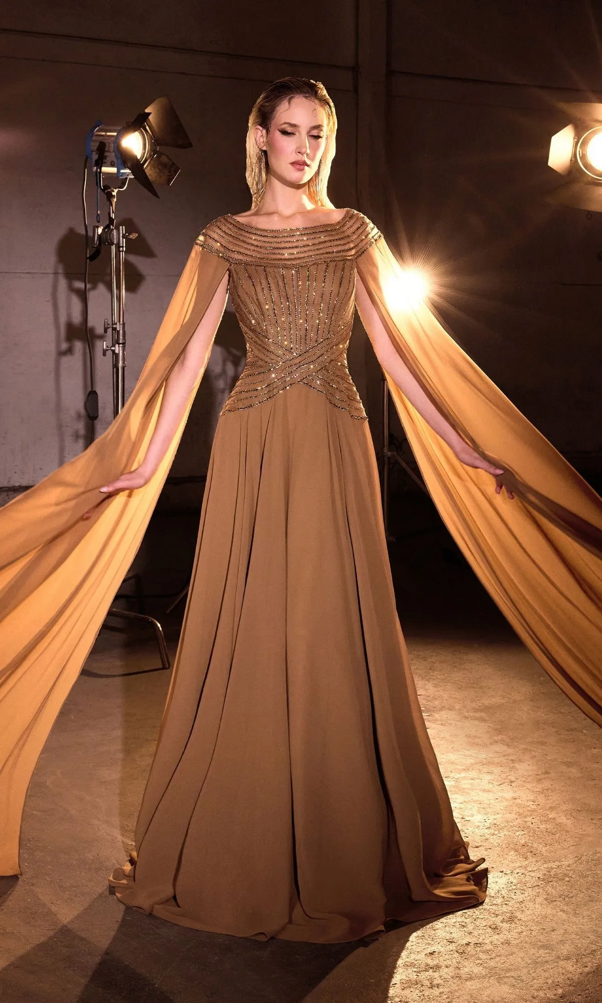Cape-Sleeve Long Bronze Formal Dress: Ladivine CL08 sold by PromGirl