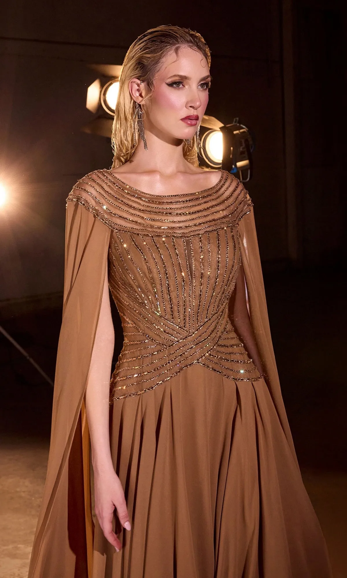 Cape-Sleeve Long Bronze Formal Dress: Ladivine CL08 sold by PromGirl product image thumbnail 2