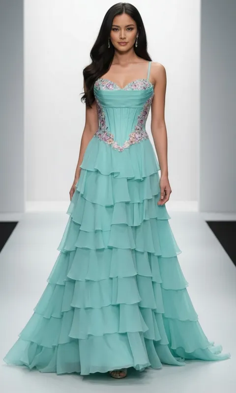 Long Tiered A-Line Prom Dress: Dave & Johnny 12966 sold by PromGirl