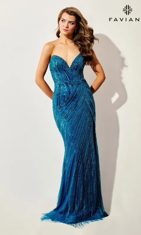 Strapless Long Blue Sequin Prom Dress: Faviana 11411 sold by PromGirl