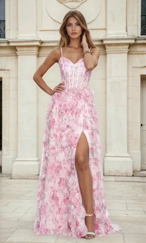 Ruffled Tiered Pink Floral-Print Prom Dress L526 sold by PromGirl