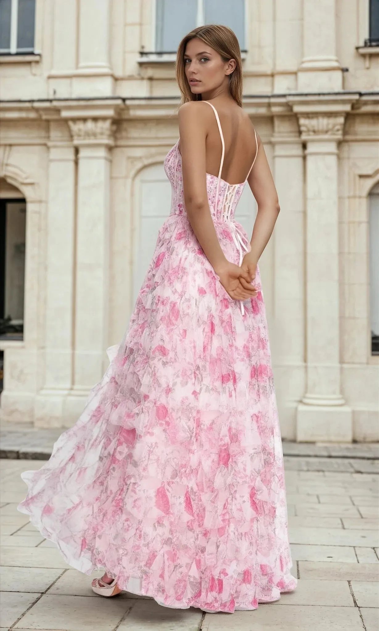 Ruffled Tiered Pink Floral-Print Prom Dress L526 sold by PromGirl product image thumbnail 2