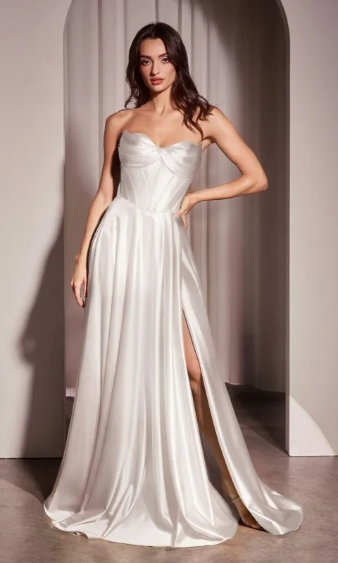 White Strapless Satin Wedding Gown: Ladivine CD378W sold by PromGirl
