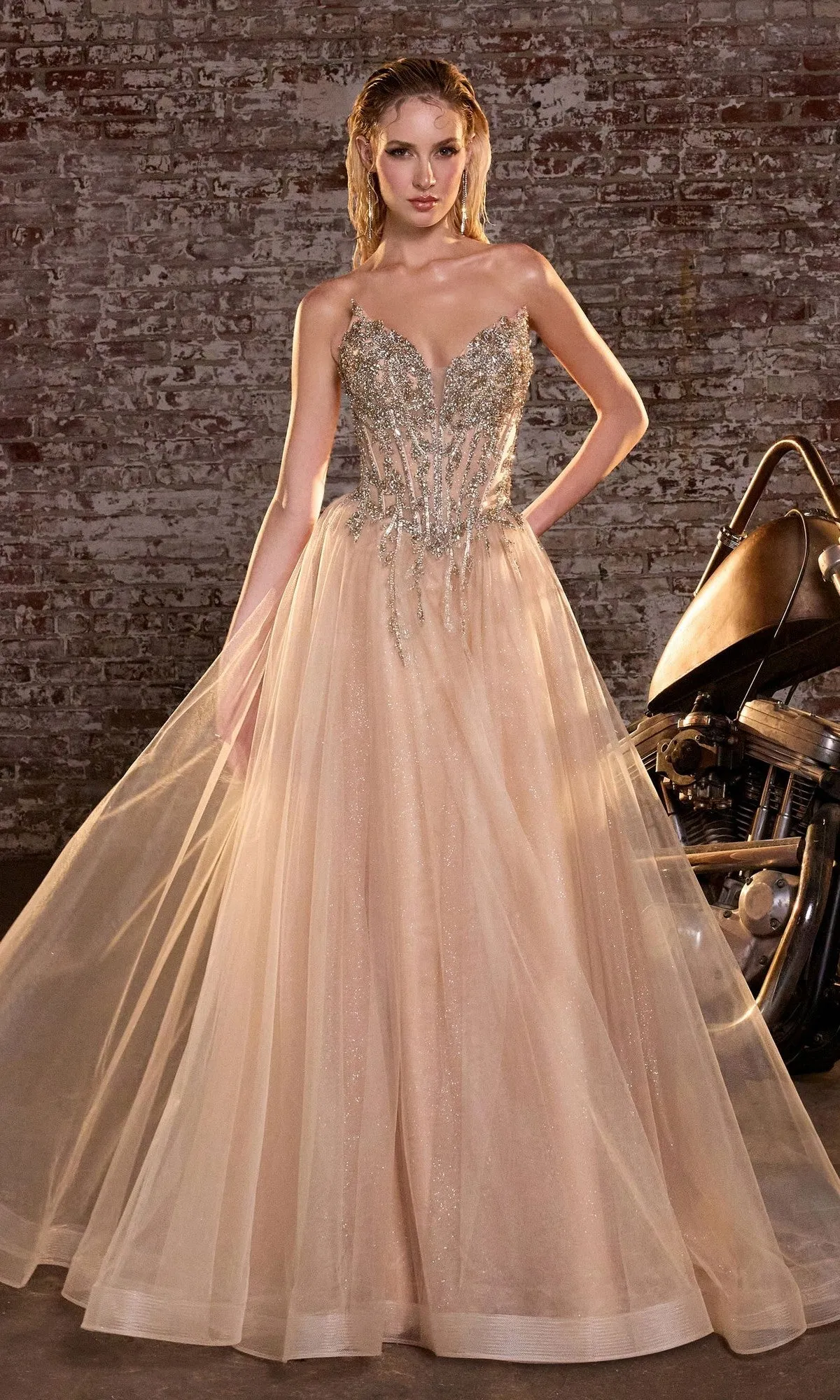 Lace-Up Strapless Prom Ball Gown: Ladivine CD721 sold by PromGirl