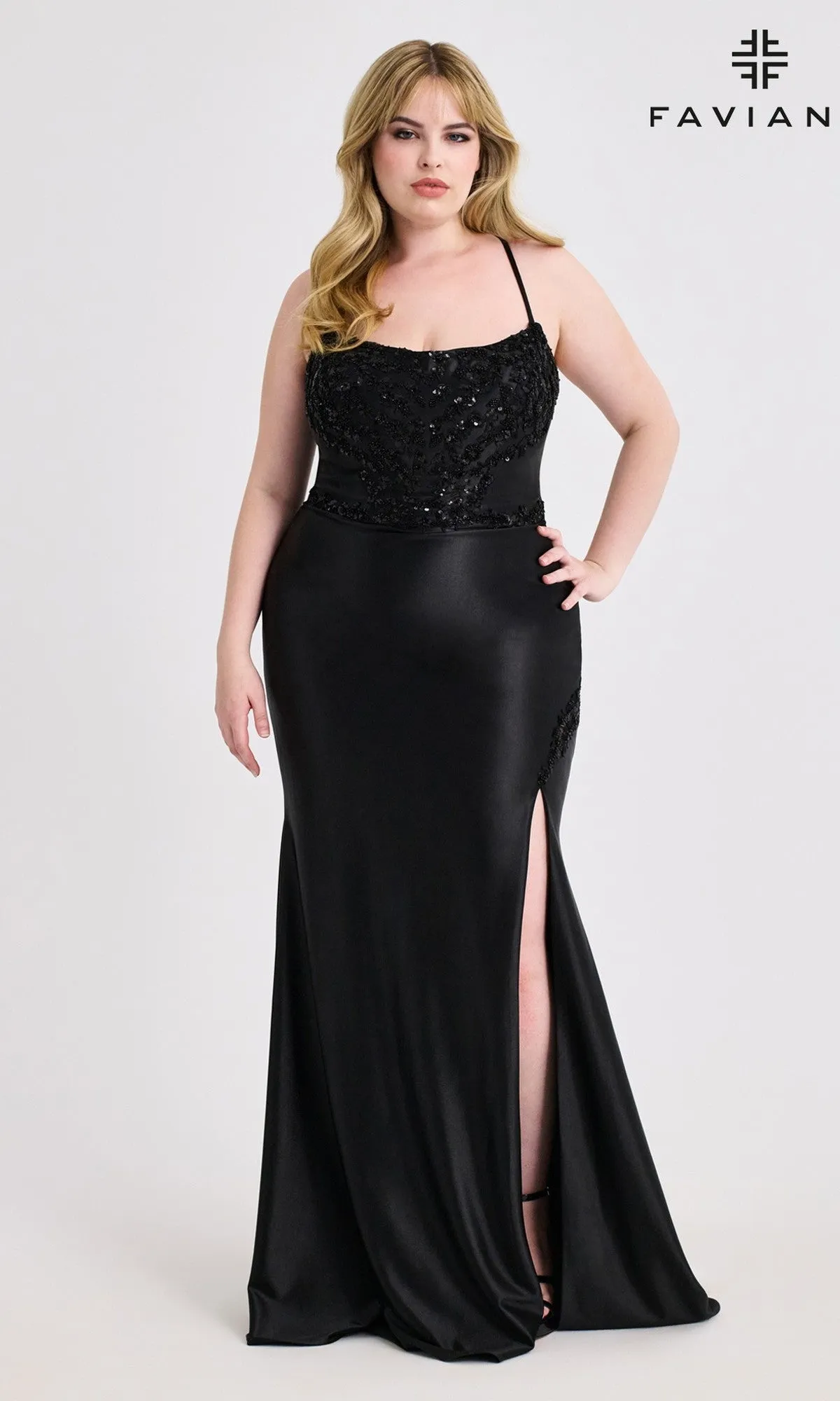 Lace-Up Plus-Size Long Prom Dress: Faviana 9606 sold by PromGirl