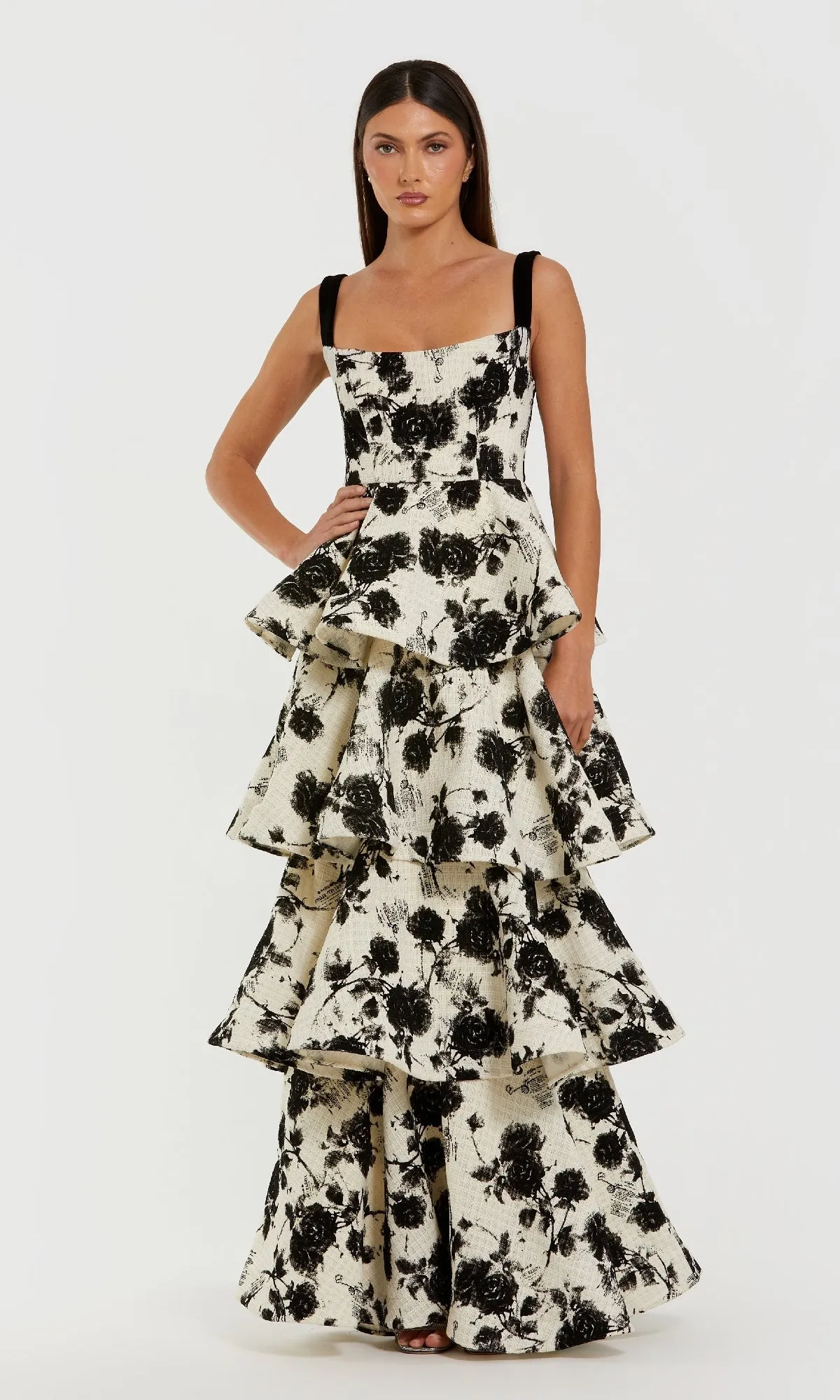 Black-Print Ruffled Formal Gown: Mac Duggal 27710 sold by PromGirl