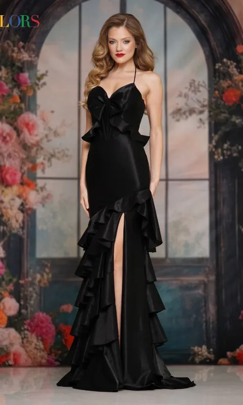 Sheer-Back Ruffle Prom Gown: Colors Dress 3899 sold by PromGirl