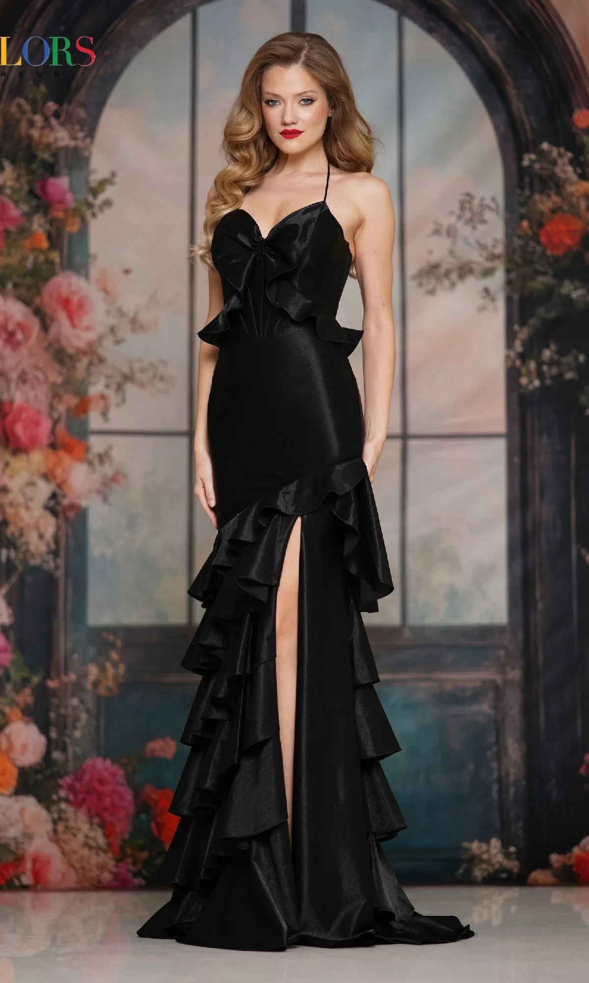 Sheer-Back Ruffle Prom Gown: Colors Dress 3899 sold by PromGirl