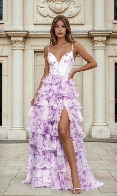 Tiered Ruffled Purple Floral-Print Prom Dress L691 sold by PromGirl
