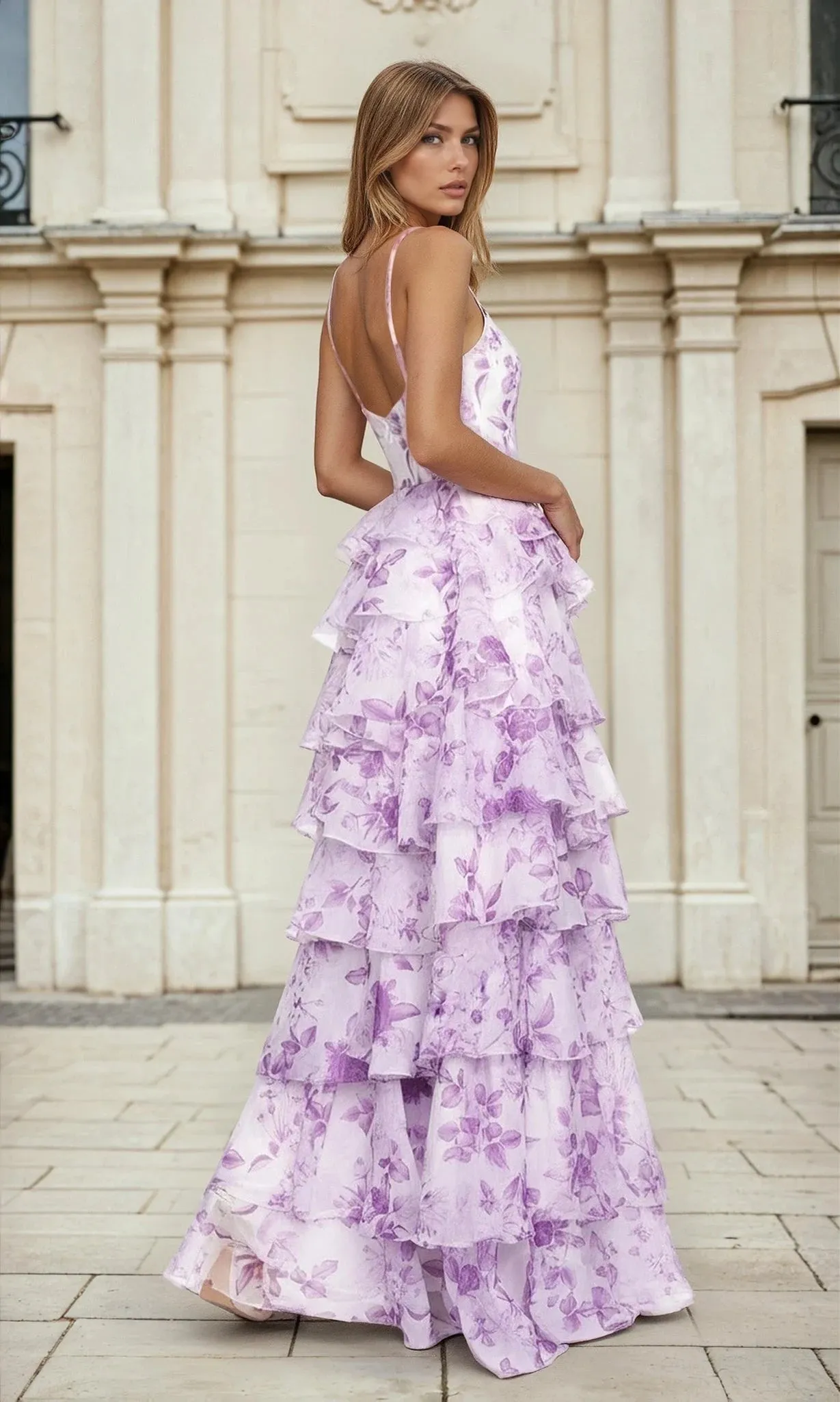 Tiered Ruffled Purple Floral-Print Prom Dress L691 sold by PromGirl product image thumbnail 2