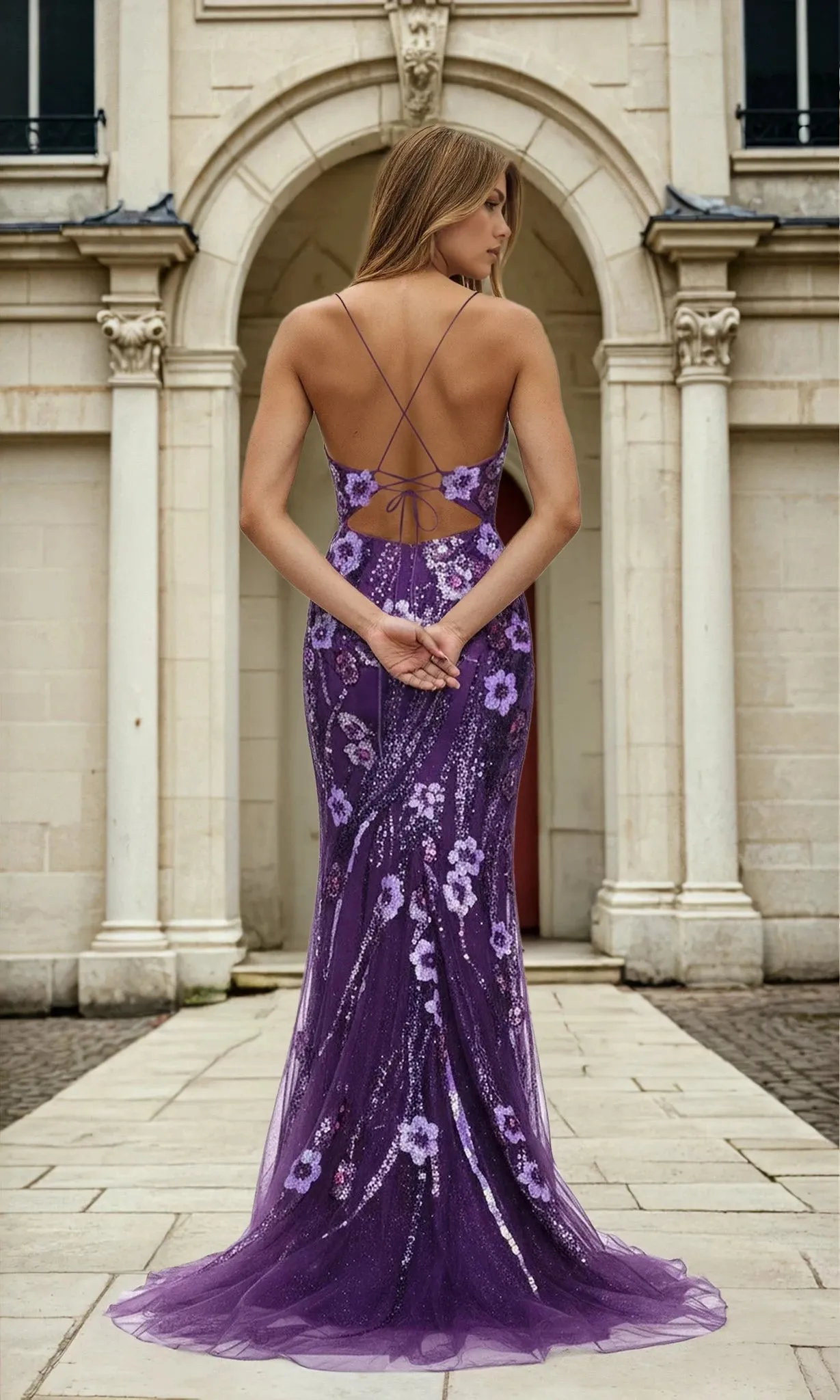 Floral Sequin-Print Long Purple Prom Dress L569 sold by PromGirl product image thumbnail 2