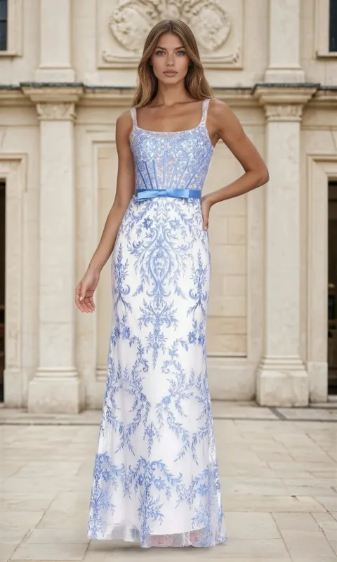 Blue Embroidered Long White Corset Prom Dress L758 sold by PromGirl