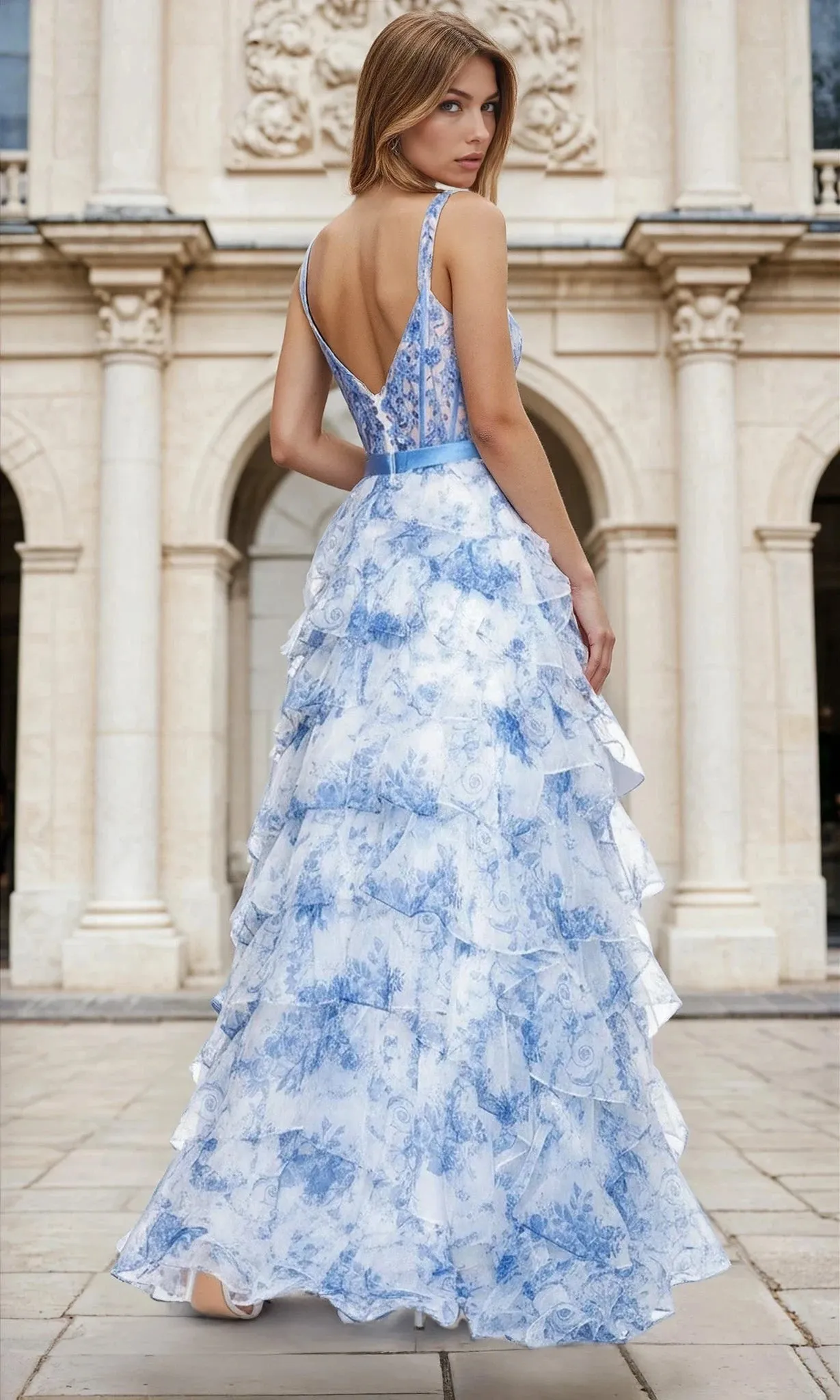 Floral Blue Ruffled Corset Prom Ball Gown L765 sold by PromGirl product image thumbnail 2