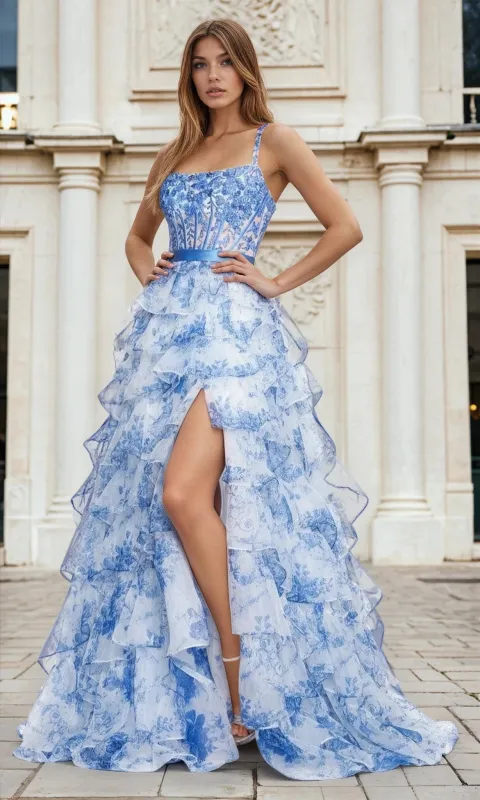 Floral Blue Ruffled Corset Prom Ball Gown L765 sold by PromGirl