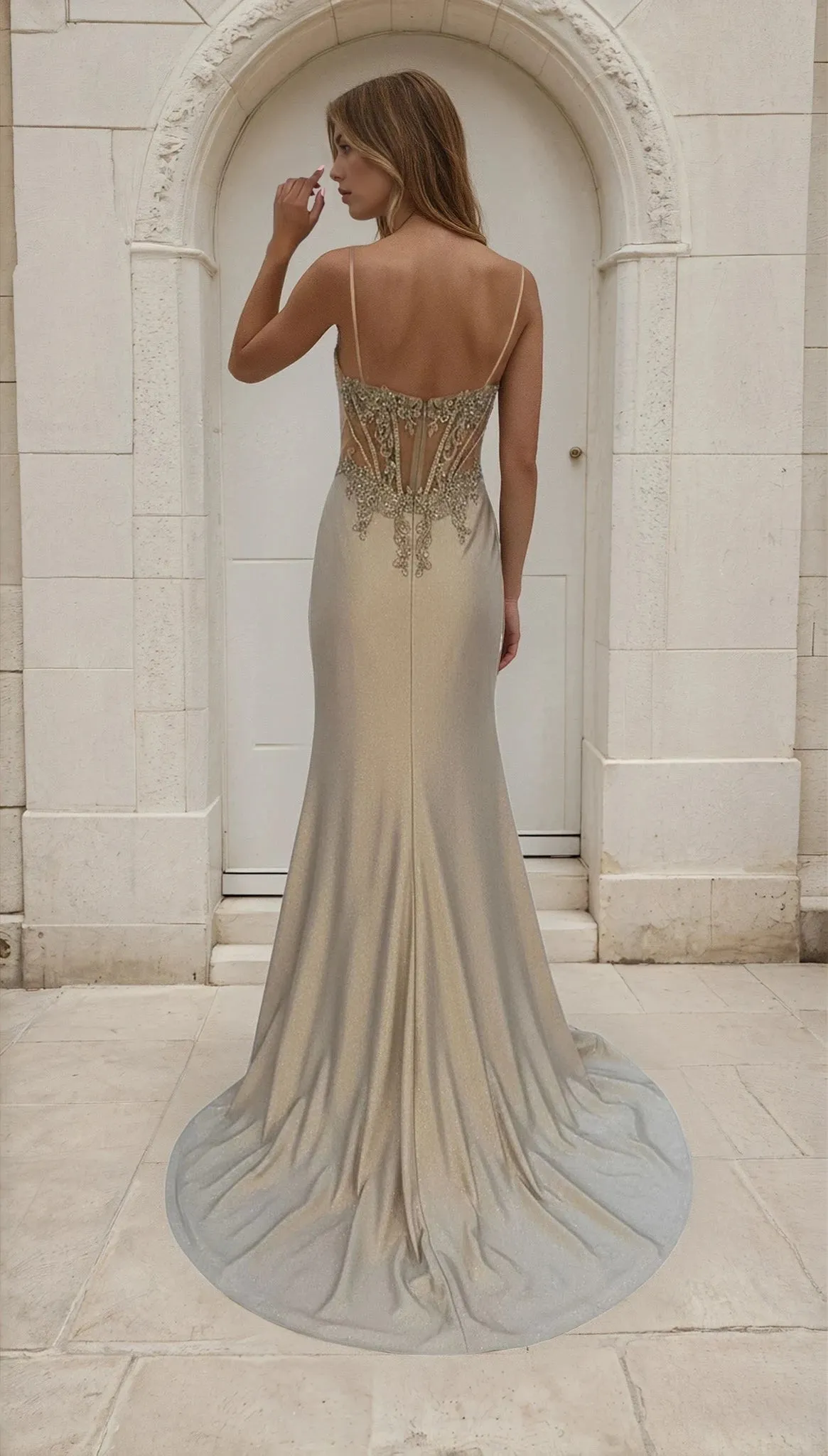 Sheer Corset Metallic Silver Long Prom Dress L837 sold by PromGirl product image thumbnail 2