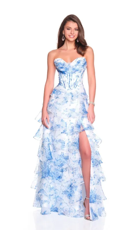 Long Blue Print Prom Gown: Dave & Johnny 12936 sold by PromGirl