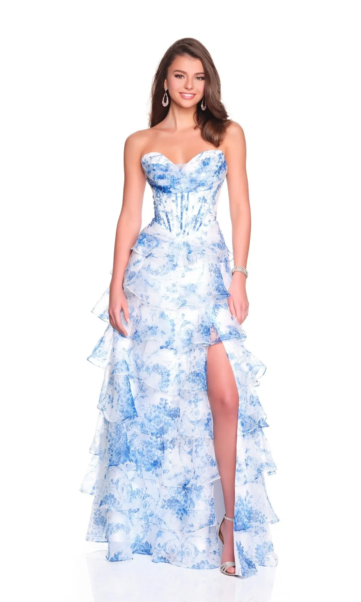 Long Blue Print Prom Gown: Dave & Johnny 12936 sold by PromGirl