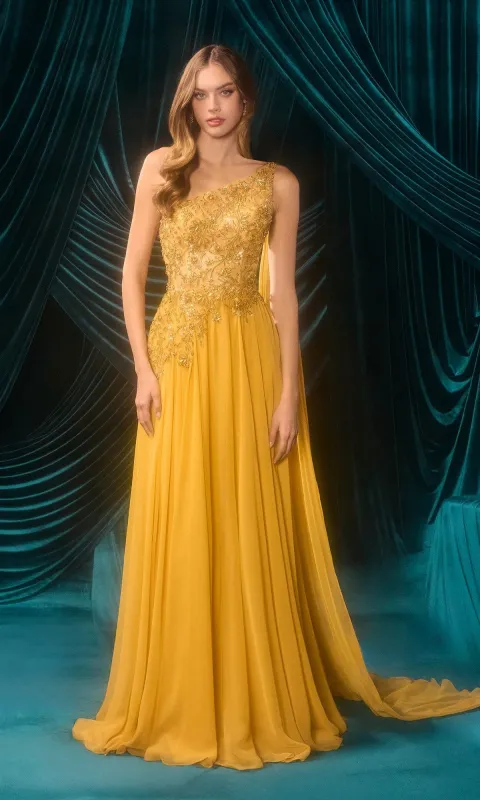 One-Shoulder Yellow Prom Gown: Andrea & Leo A1495 sold by PromGirl