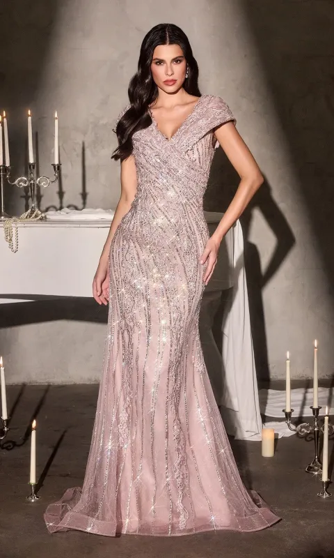 Cap-Sleeve Long Beaded Prom Dress: Ladivine CD698 sold by PromGirl
