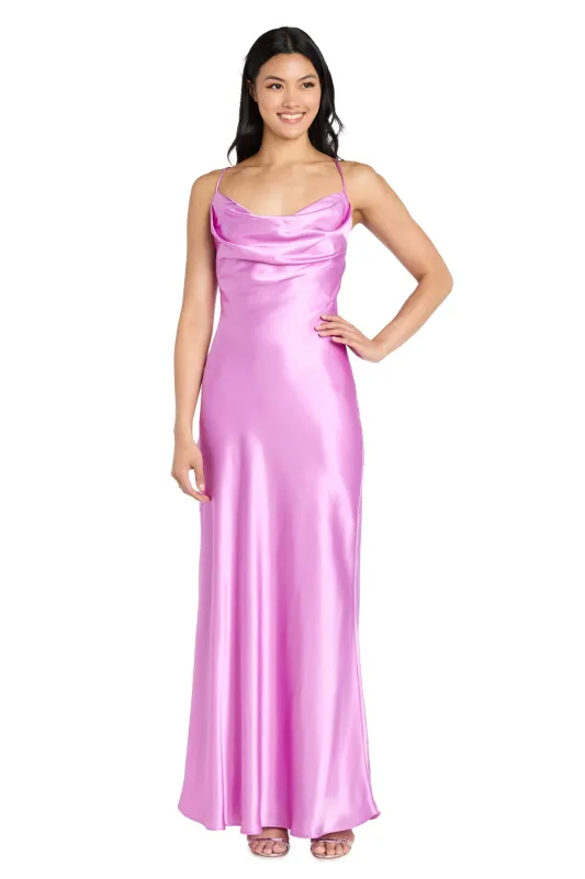 Cowl-Neck Long Satin Prom Dress: Morgan 10037N sold by PromGirl