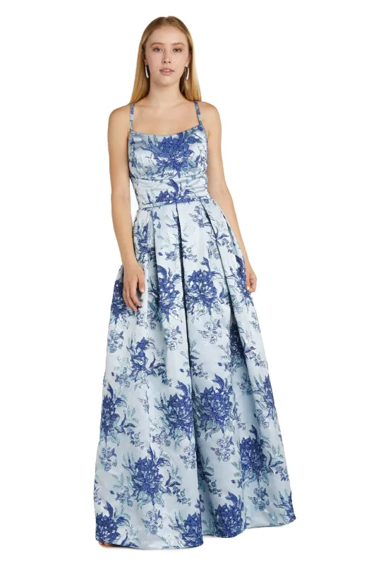Blue Floral A-Line Prom Dress: Morgan 12945 sold by PromGirl