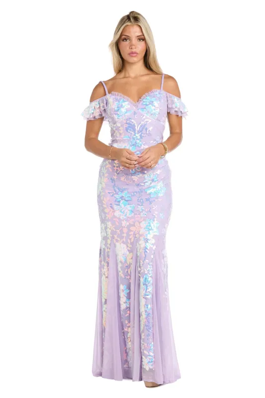 Lilac Sequin-Print Long Prom Dress: Morgan 19064 sold by PromGirl