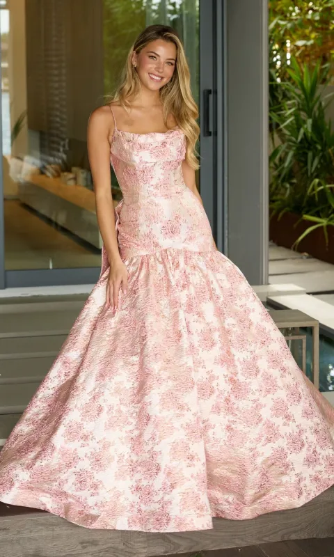 Drop-Waist Long Print Prom Gown: Ava Presley 26419 sold by PromGirl