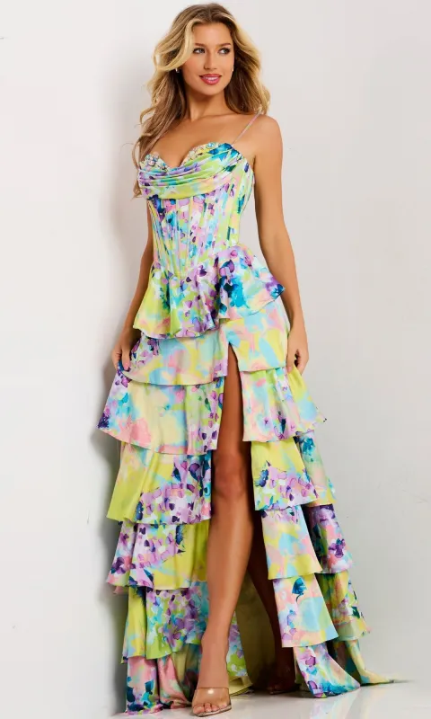 Long Print Ruffled Prom Dress: Jovani 47560 sold by PromGirl