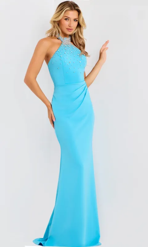 Beaded-Neck Long Halter Prom Dress: Jovani 45483 sold by PromGirl