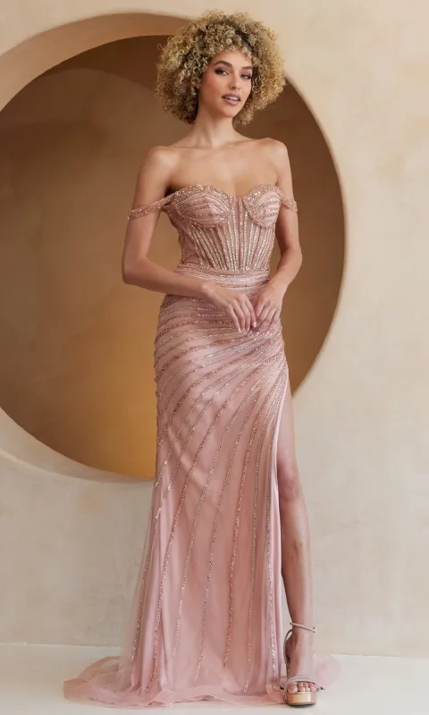 Beaded Long Gold Prom Dress: Amelia Couture TM1029 sold by PromGirl