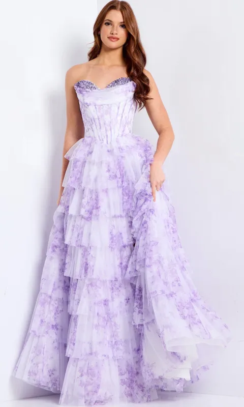 Strapless Print Ruffle Prom Gown: Jovani 47440 sold by PromGirl