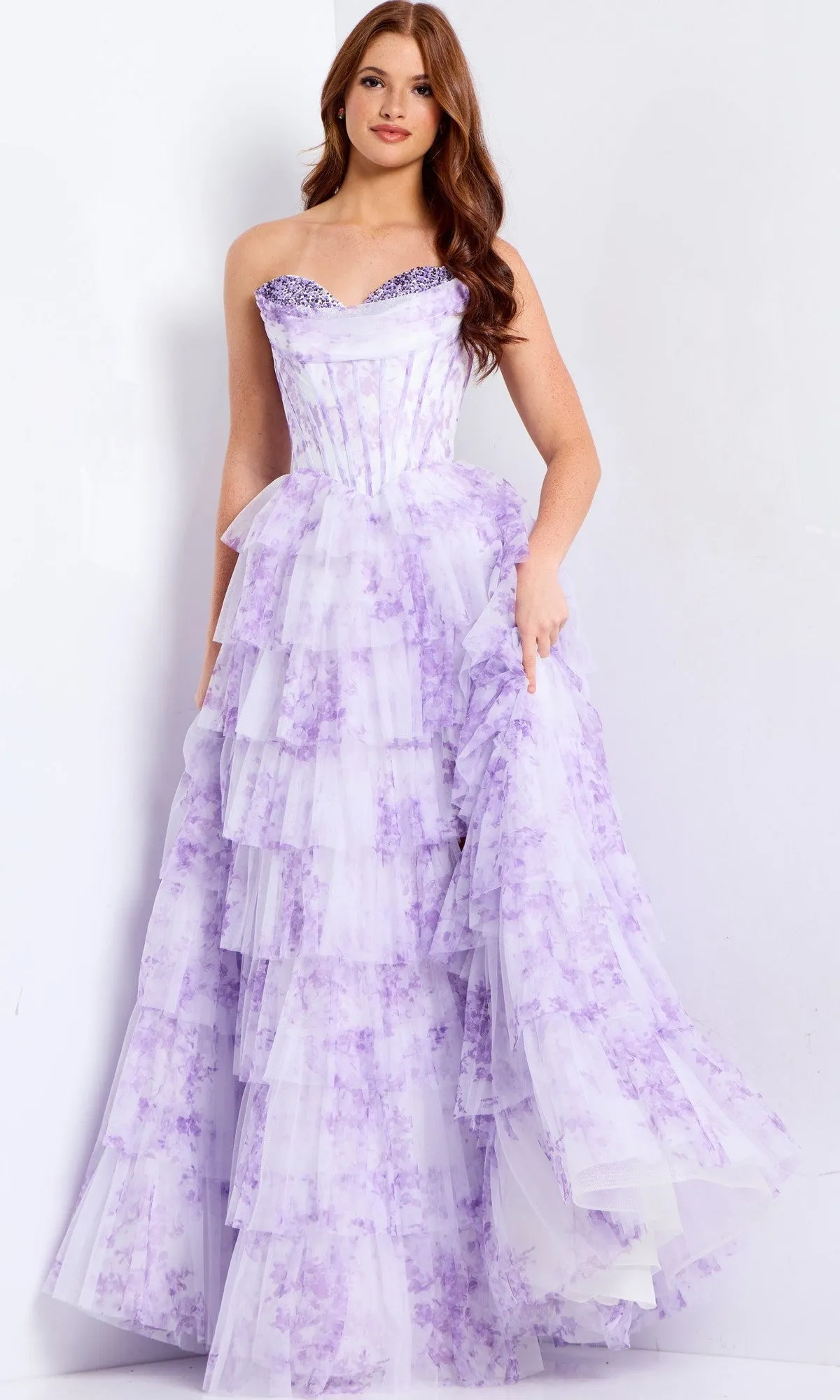 Strapless Print Ruffle Prom Gown: Jovani 47440 sold by PromGirl