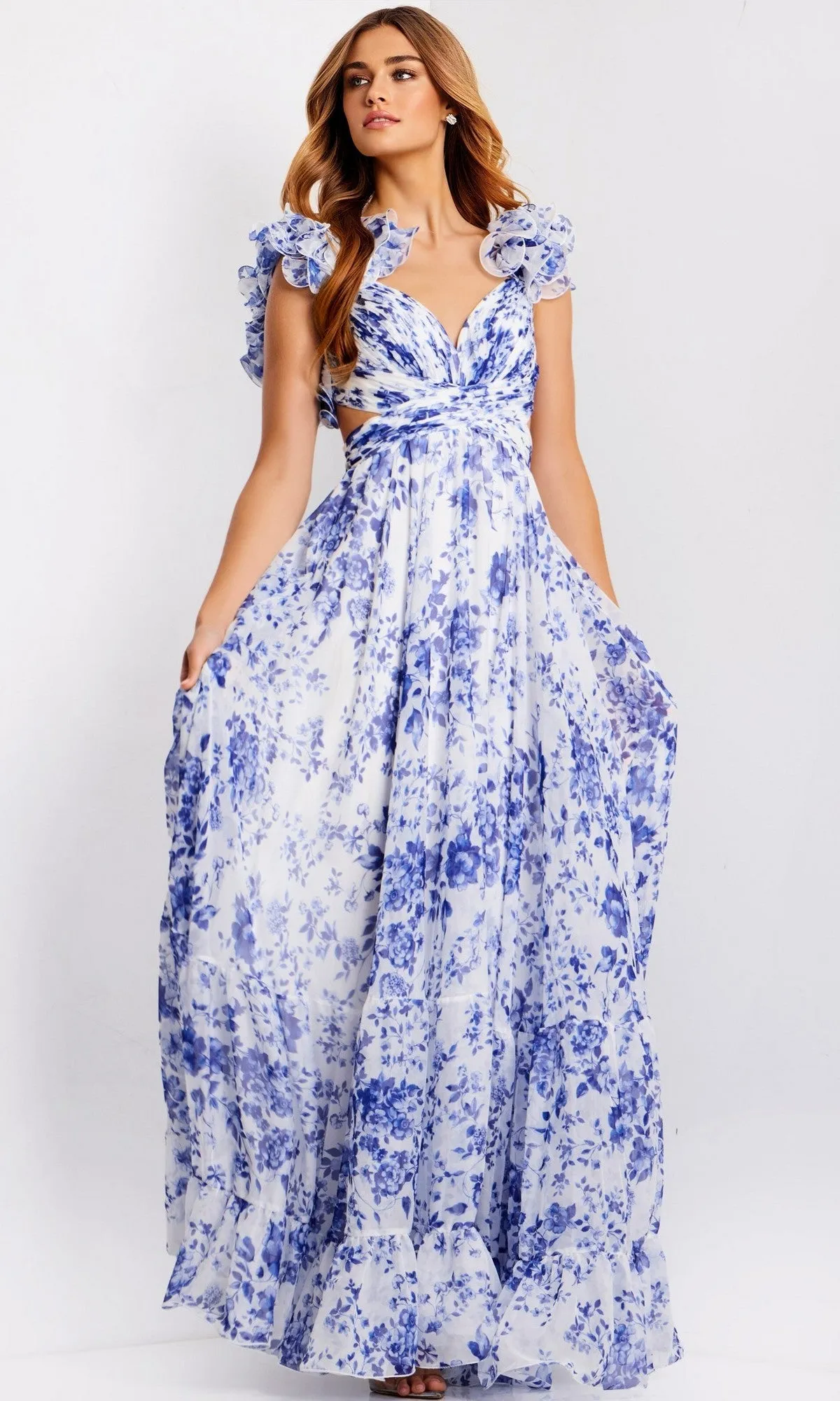 Ruffled Long Print Prom Dress: Jovani 49143 sold by PromGirl